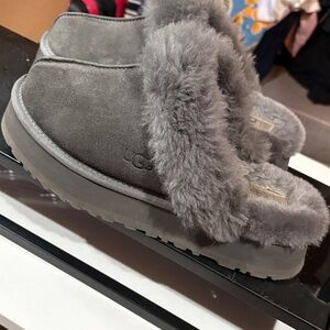 UGG Grey Suede Shearling Clog Slippers